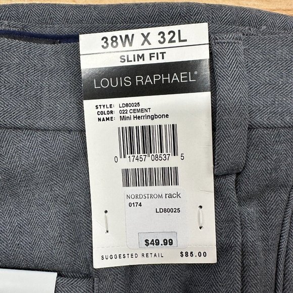 Louis Raphael Men's Slim Fit Dress Pants 38x32 Gray Straight Mini Herringbone - Picture 2 of 3